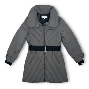 Calvin Klein Duck Down Puffer Coat Sz M Long Gray Chevron Quilted Belted Jacket